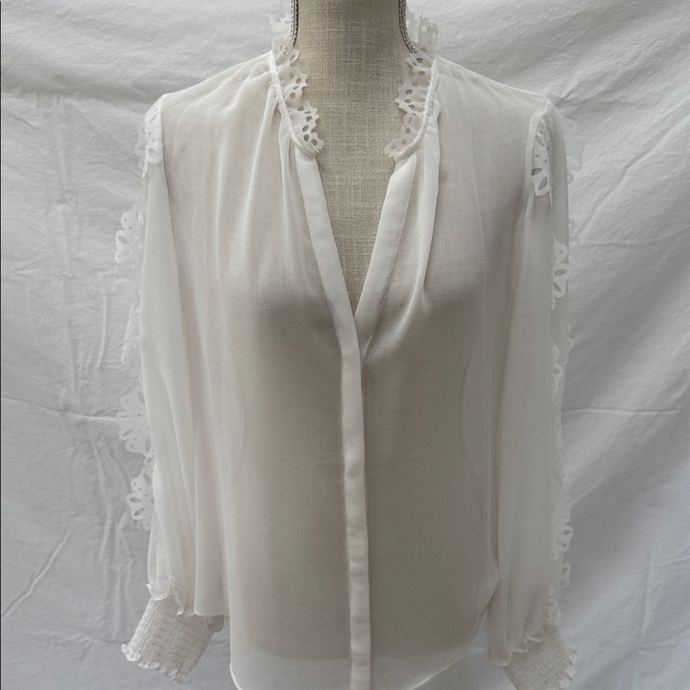 White House Black Market Sheer White Blouse with Lace Accents